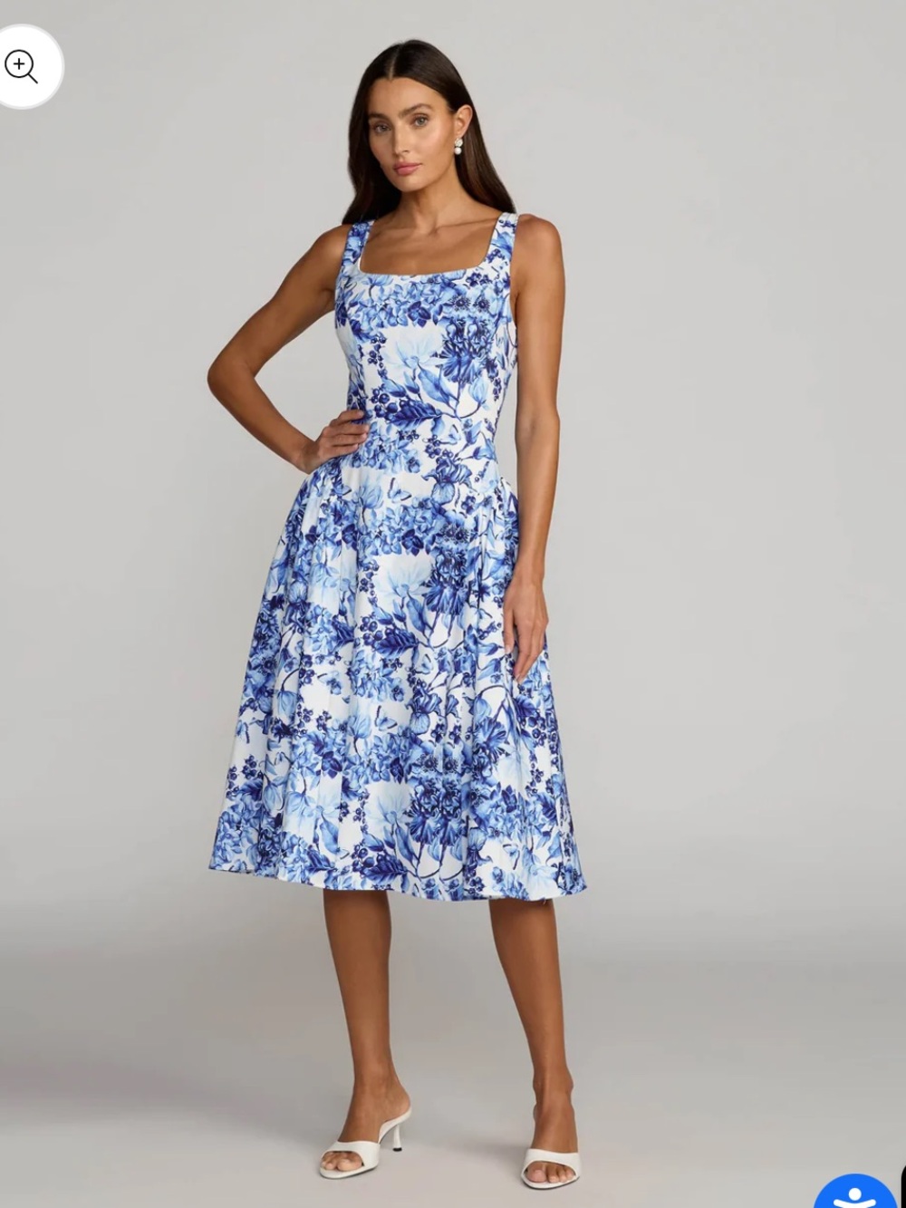 Mac Duggal White and Blue Floral Sleeveless A-Line Midi Dress